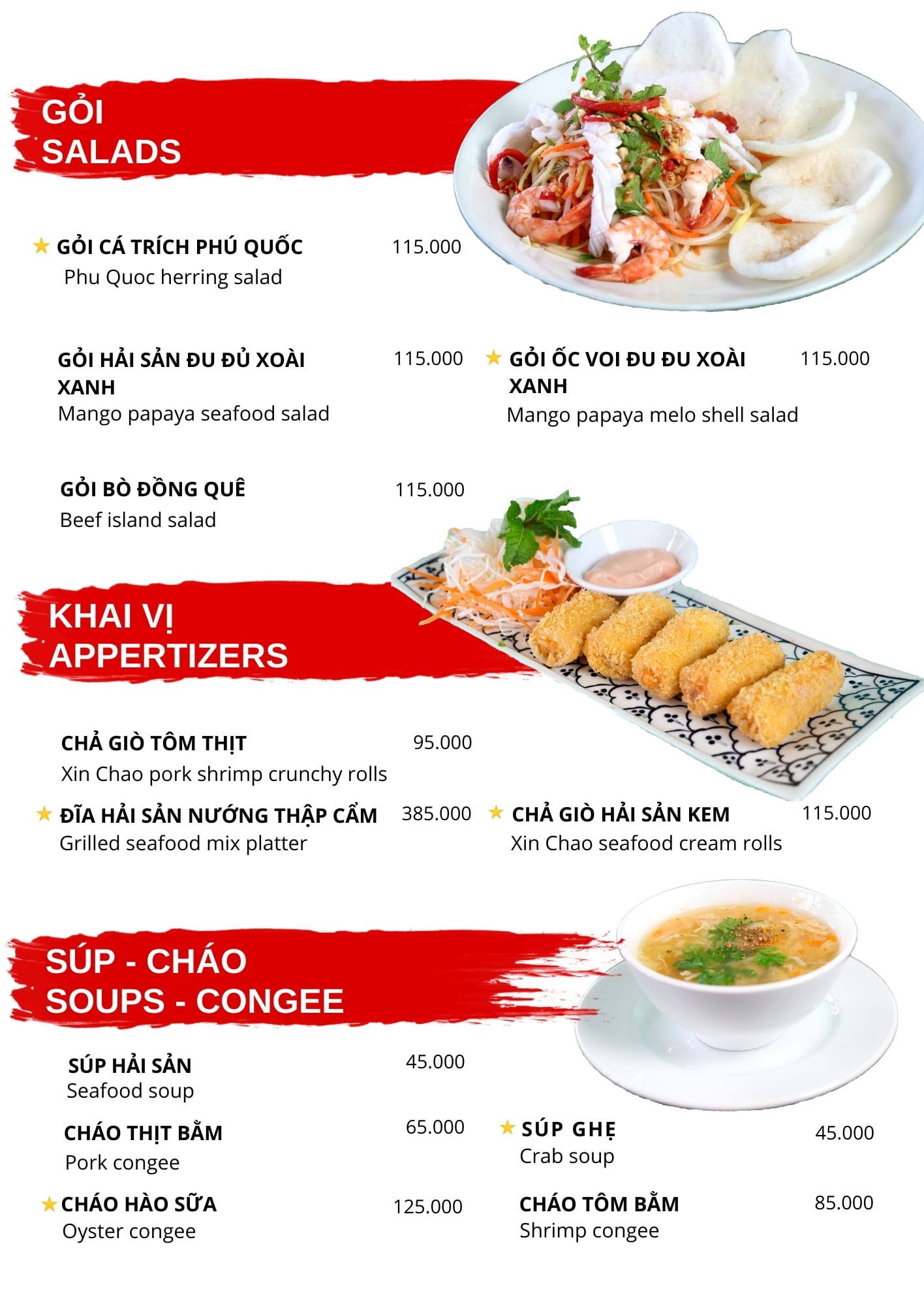 Các món ăn được trình bày đẹp mắt trên menu của Nhà hàng Xin Chào Phú Quốc