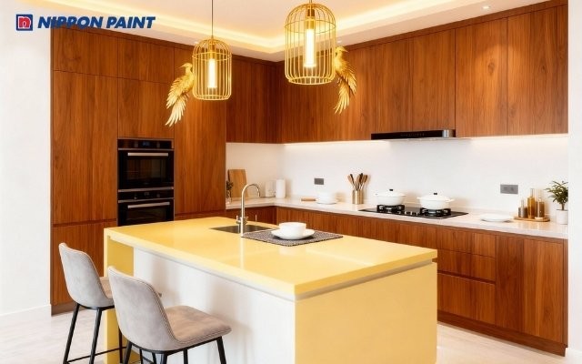 Tủ bếp màu vàng mơ nhẹ nhàng kết hợp tường trắng, tăng vượng khí cho gia chủ 1969