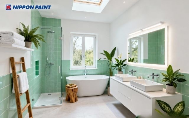 Phòng tắm xanh mint tươi mát, sạch sẽ và thoáng đãng