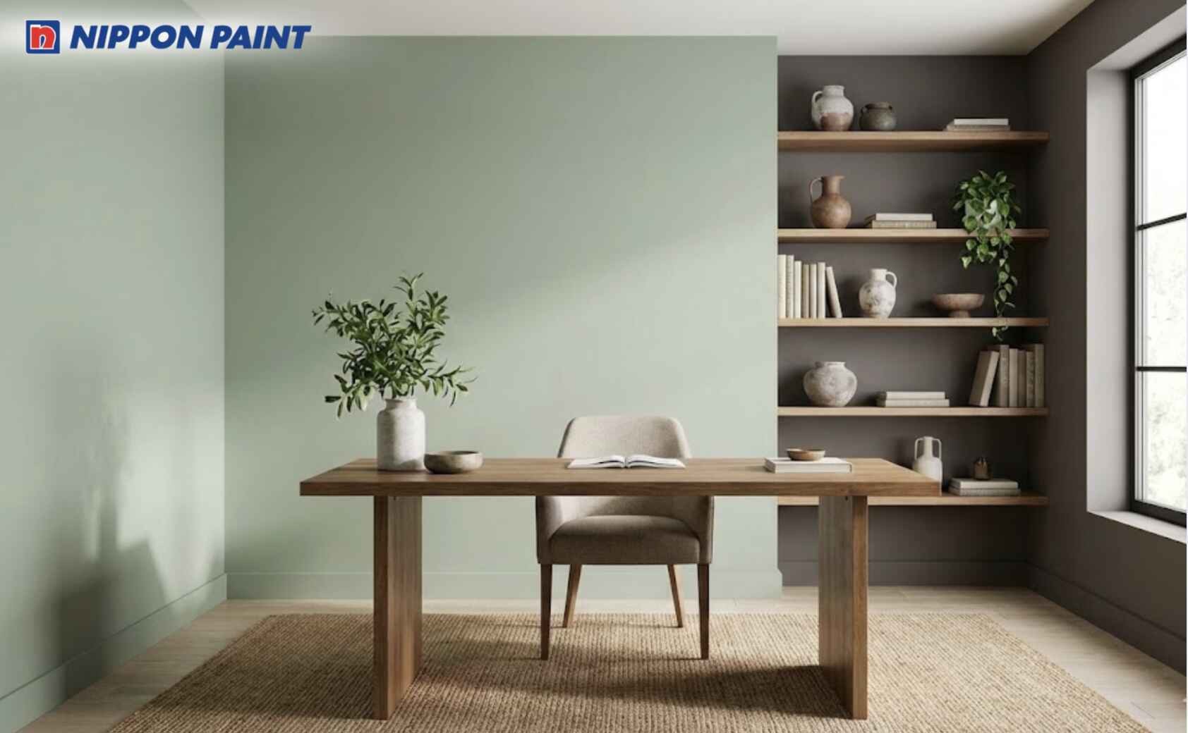Tông xanh dịu kết hợp xám ghi giúp không gian làm việc nhẹ mắt, hạn chế căng thẳng