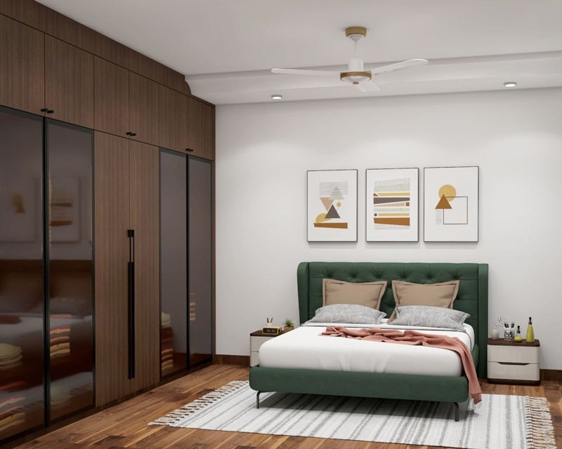 Phòng ngủ được thiết kế với tông màu trắng và xanh dương, tạo không gian yên bình, phù hợp cho mệnh Thủy