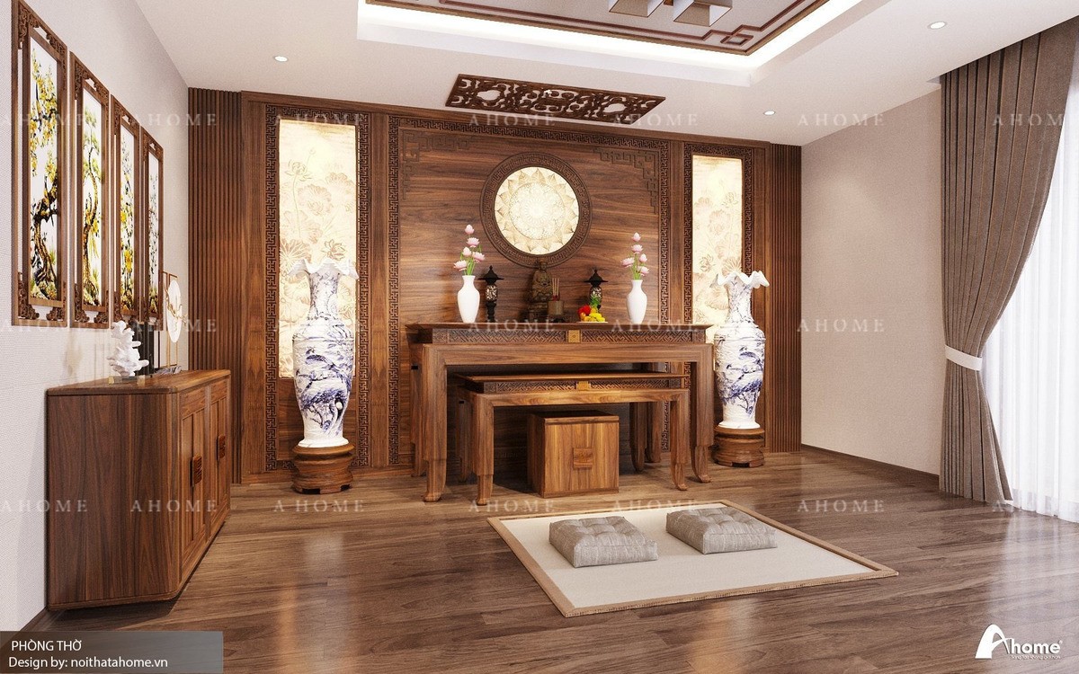 Gia chủ có thể sử dụng gỗ óc chó cao cấp để tăng phần ấm cúng cho gian thờ