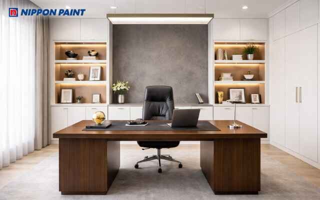 Trắng kết hợp xám ghi hiện đại hỗ trợ giữ sự cân bằng, dễ tập trung khi làm việc