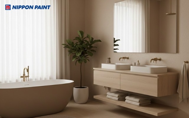 Phòng tắm sơn màu nâu be phù hợp gia chủ tuổi Thìn mệnh Thổ