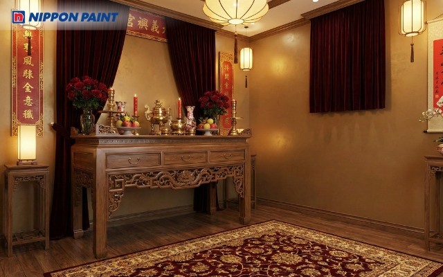 Phòng thờ vàng đồng phối đỏ trầm trang nghiêm ấm cúng