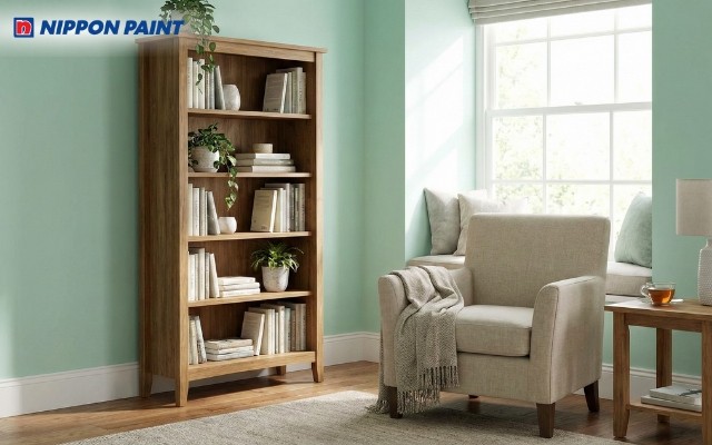 Góc đọc sách xanh bạc hà phối kệ sách gỗ tự nhiên